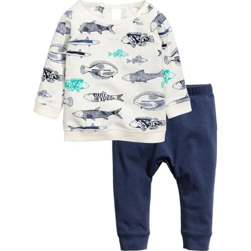 Oklady European and American Style Childrens Clothing Autumn Long-sleeved Fish Tops Suit Printing Boy Klids Suit Cartoon