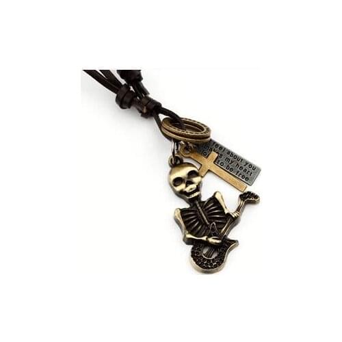 Skull Guitar Genuine Leather Necklace Pendant Vintage Charms Cross Cowboy Hoop Choker Punk Statement Necklace For Women Jewelry