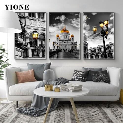 Modern Black and White Art City Street Canvas Paintings House Building Lamp Landscape Pictures Print Wall Posters for Living