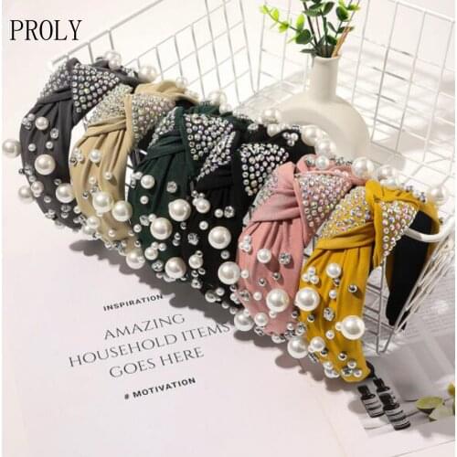 PROLY New Fashion Women Hairband Wide Side Baroque Pearls Rhinestone Headband Adult Center Knot Casual Turban Hair Accessories