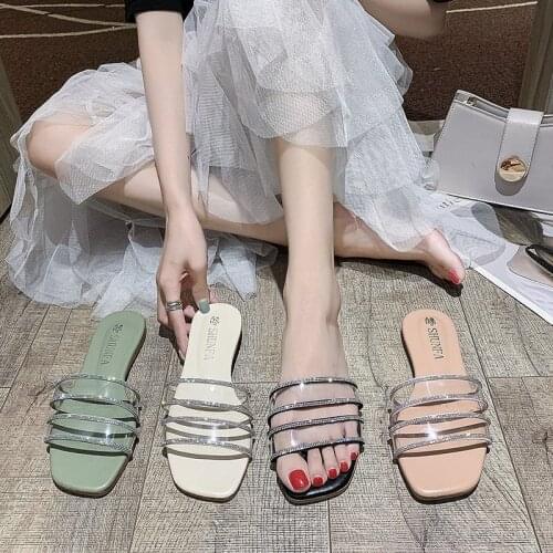 One word sandals female 2021 summer new style Korean version of rhinestone sweet flat sandals and slippers fashion slippers