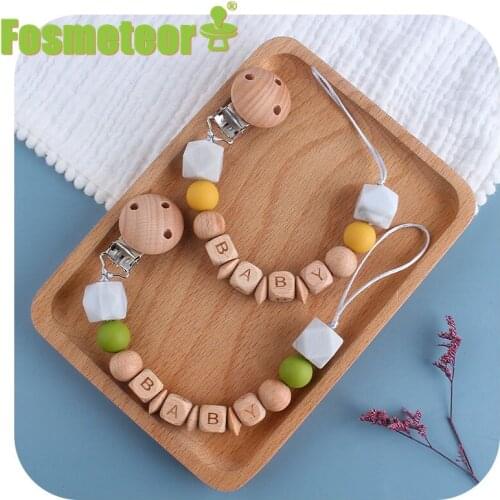 Fosmeteor DIY Silicone Baby Wooden Pacifier Clip And Beech Wood Alphabet Pacifier Chain Baby Teething Soothing Chew Toys Gift
