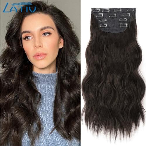 Lativ 3Pcs/Set Synthetic Hairpiece Long Wavy Clip In Hair Extensions For Women Dark Brown Natural Looking High Temperature Fiber