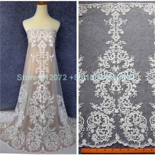 High quality off white/black large pattern on tulle embroidery lace fabric wedding dress/high-end dress lace fabric by yard