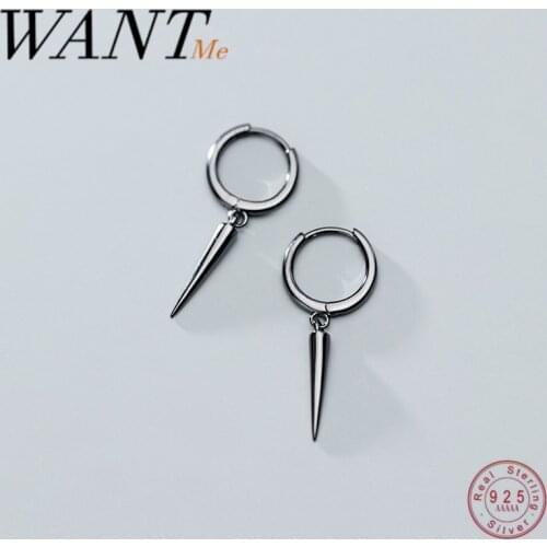 WANTME Minimalist Real 925 Sterling Silver Long Rivets Black Spike Mens Ear Buckle Punk Rock Party Jewelry Women Earrings Gift