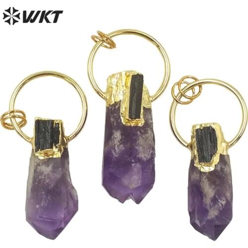 WT-P1624 WKT Wholesale Irregular Purple Stone Pendant With Black Tourmaline Luxury A-methyst Big Ring Necklace Pendant