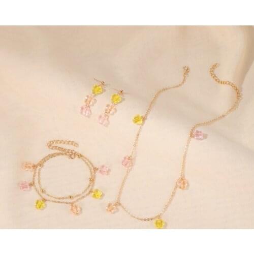 Clear Pink Yellow Butterfly Golden Chain Pendant Necklace Bracelets Dangle Earrings Alloy Jewelry Sets For Women