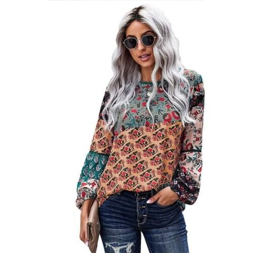 Women Puff Long Sleeve Shirt Ethnic Floral Patchwork Print Pullover Tunic Tops Crew Neck Lace Trim Casual Loose Blouse