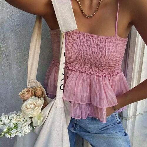 2021 Summer Womens Smocked Cami Tops Sexy Sleeveless Spaghetti Strap Solid Color Ruffle Camisole