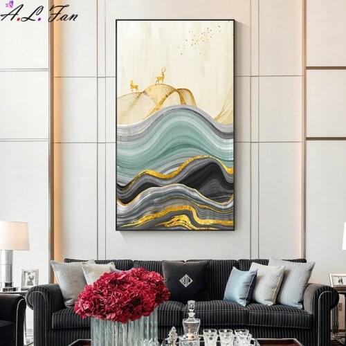 Abstract gold leaf canvas painting modern gold sun deer wall art image for living room nordic blue green block poster print