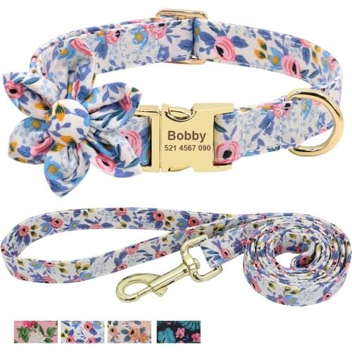 Custom Flower Girl Dog Collar Floral Personalzied Dog Collar Engraved Pet Collars with Gold Buckle for Small Medium Large Dogs