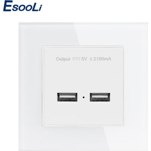 Esooli Wall Power Socket Dual USB Smart Induction Charging Port For Mobile 5V 2.1A Output Crystal Tempered Glass Panel