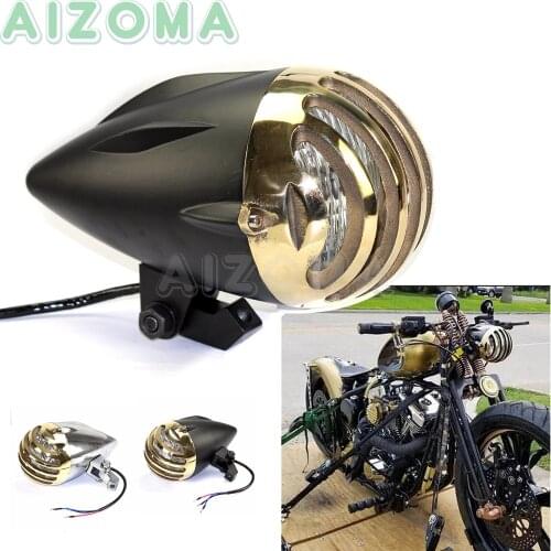 Motorcycle 4.5" Black Bullet Headlight with Brass Grill Cover For Harley Yamaha Tri XS650 Bobber Chopper Cafe Racer Headlights