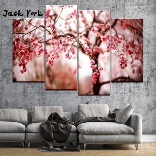 Canvas Painting HD Cherry Blossoms Trees Flowers 4 Pieces Wall Art Painting Modular Wallpapers Poster Print Home Decor