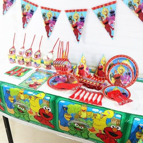 Sesame Street Theme Happy Birthday Party Elmo Banner Baby Gift Hat Disposable Tablecloth Cake Flag Hat Plate Tableware