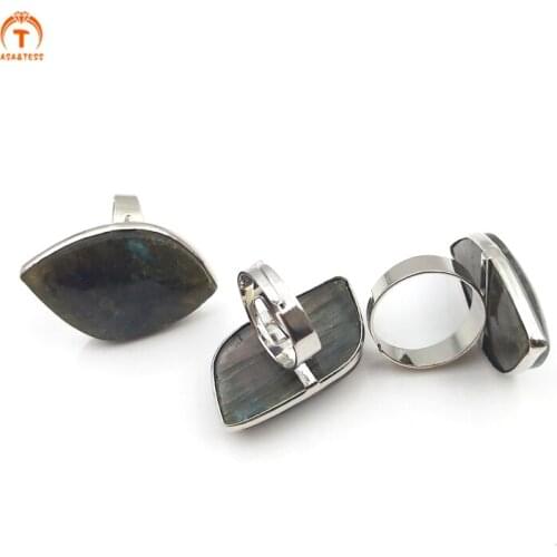 3Pcs Natural Stone Labradorite Rings Rhombus Leaf Shape Open Rings Silver Plated Setting Rings Women Men Modern Stylish Jewelry