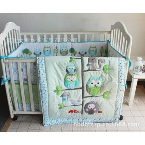 7PCS Woodpecker Embroidered Boby Baby Cot Crib Bedding Set kit de berço (4bumper+duvet+bed cover+bed skirt)