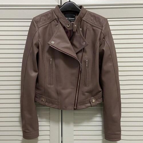 GU.SEEMIO Factory Womens Genuine Leather Jacket 100% Sheepskin Fur Coat Female Outwear Lilac Show Thin Good Quality