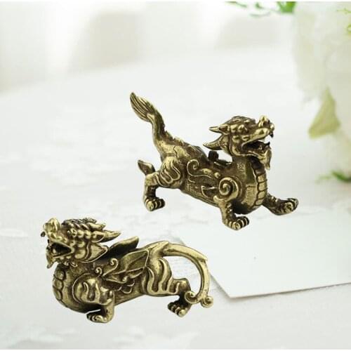 2pcs Feng Shui Brass Kylin Statue Figurine for Wealth Luck Prosperity Protection Home Living Room Desktop Decor Gift Collection