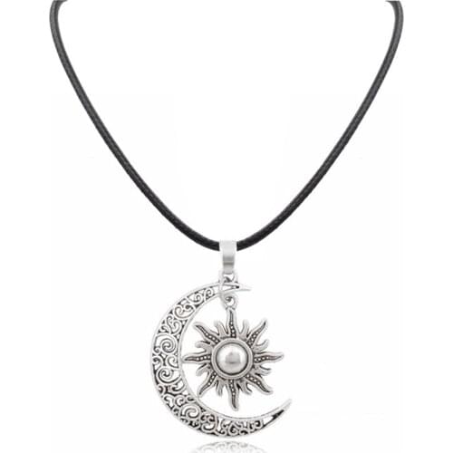 XUSHUI XJ Trendy Crescent Moon& Sun Charm Necklace Black Leather Silver Color Long Chain Cheap Necklaces Jewelry For Women