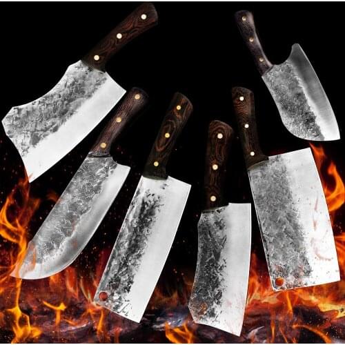 Traditional Forged Kitchen Knife Set Butcher Knife Handmade Hammer Stainless Steel Full Tang Chopper Cooking Knives Meat Slicer