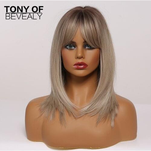 Medium Length Ombre Brown to Blonde Synthetic Hair Wigs with Bangs Straight Natural Wigs for Women Cosplay Heat Resistant Fiber
