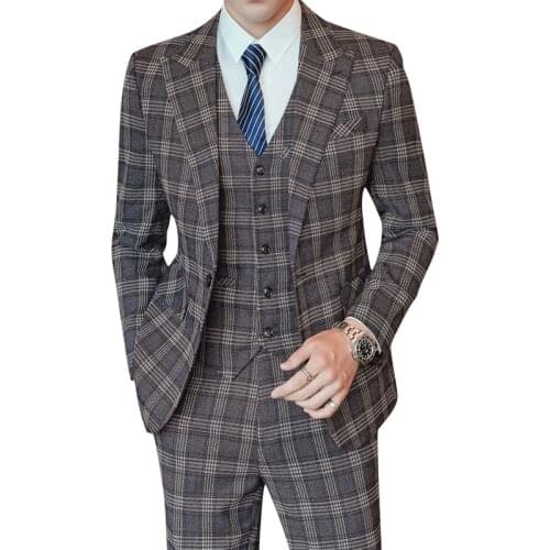 Jacket + Vest + Pants ) Brand Design Fashion Plaid Mens Business Casual Suit 3Pcs Set Groom Wedding Dress Tuxedo Stage Costume