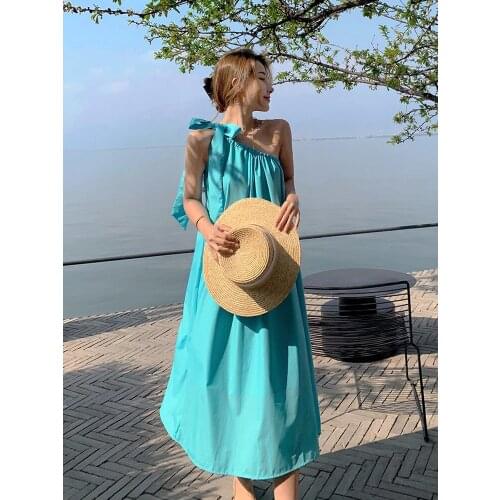 ZADILY 2021 Summer Beach Style Bandage Women Solid Dress One Shoulder Sleeveless Ladies Maxi Dresses Loose Female Holiday Robe