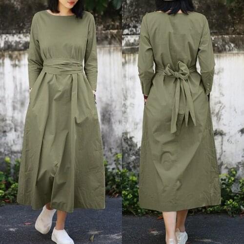 Retro Solid Maxi Dress Womens Autumn Sundress Belted ZANZEA 2021 Casual Long Sleeve Vestidos Female Cotton Robe Oversized 5XL
