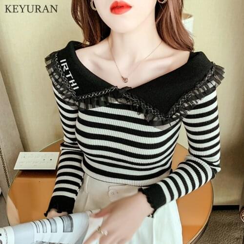 Striped Knitted Lace Peter Pan Collar Sweater Pullover Women 2021 Autumn New Full Sleeve Korean Elegant Female Jumper Tops Femme