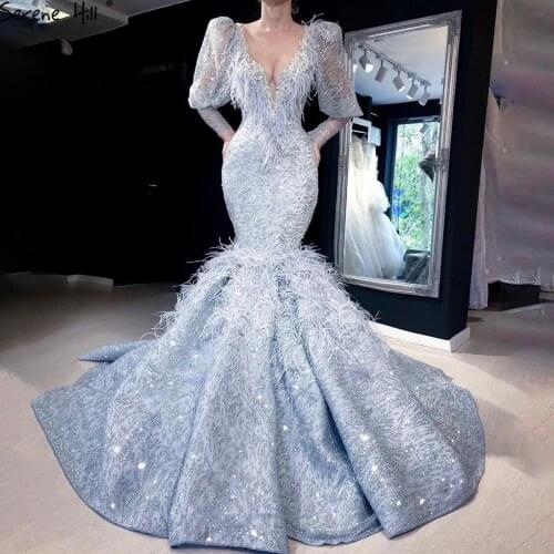 Serene Hill Dubai Grey Feathers Long Sleeves Luxury Evening Dress V-Neck Beadings Mermaid Formal Party Wear Gown 2020 CHM66952
