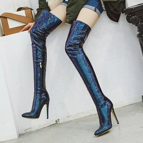 Spring Autumn Lady Thigh Boots Fashion Snake Pattern Pointed Toe Women Shoes Female Sexy Stiletto High-Heel Zipper Winter Boots
