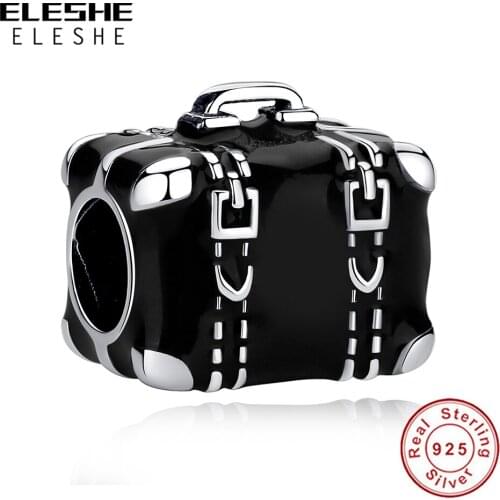 ELESHE 925 Sterling Silver Black Travel Bag Charms Fit Original Bracelet for Women Silver 925 Trendy Briefcase Bead DIY Jewelry