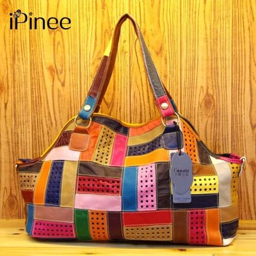 IPinee women genuine leather handbag large bag for women shoulder bags patchwork designer High Quality women totes bags