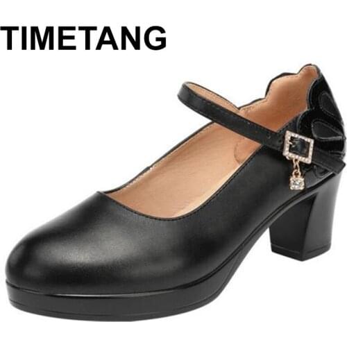 TIMETANGGenuine Leather Thick Heels Cheongsam Catwalk Women Pumps Shoes 2021 New Spring Elegance Women Shoes Shoes Size 32-43
