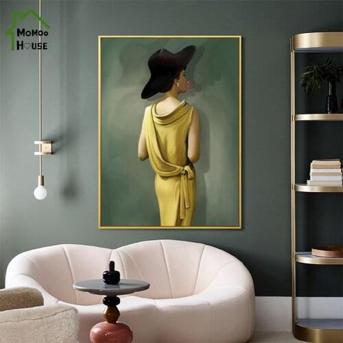 Vintage Vogue Figure Canvas Painting Fashion Lady In Yellow Dress Modern Style Poster Wall Art Decorative Picture Home Decor