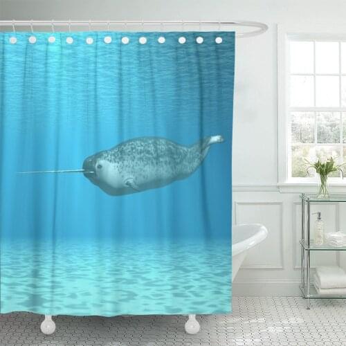Monoceros Narwhal Monodon Whale Animal Arctic Digital Shower Curtain Waterproof 72 x 72 Inches Set with Hooks