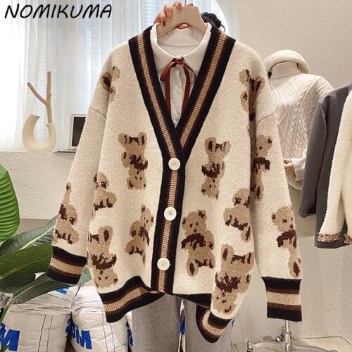 Nomikuma Knitted Cardigan Causal Women Cartoon Bear Sweater 2021 Autumn Winter Long Sleeve Oversized Knitwear Jacket 6K886