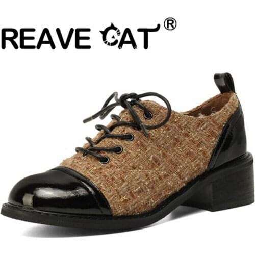REAVE CAT 2021 Spring Fashion Pumps Round Toe Cap-Toe Patent Leather Denim Casual Lace-Up 4.5cm Square High Heel Ladies Shoes