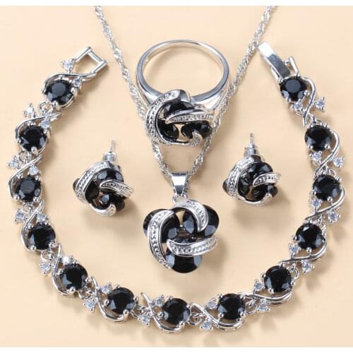 Jewelry Sets Black Zircon Stud Earrings/Pendant/Necklace/Bracelet 20.5CM Ring Size 6/7/8/9/10 For Women Gift