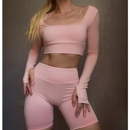Women Gym Suits Seamless Knitted Sets Long Sleeve Shorts Suits Summer Workout Tracksuits Sexy Fitness Sportswear Solid Color Set