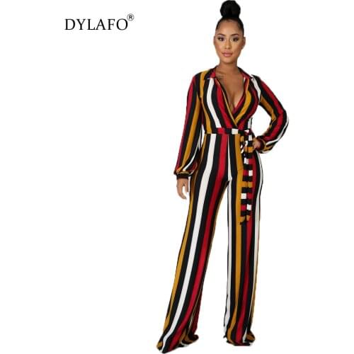 Female 2021 Digital Print Strip Jumpsuit Romper V Neck Long Sleeve Casual Long Sash Autumn Jumpsuit Women Overalls