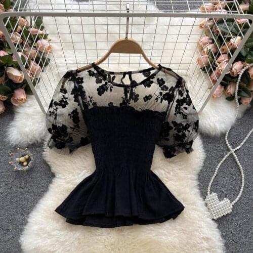Summer new style mesh stitching crop top Round neck temperament commuter self-cultivation crop top women Puff sleeve women tops