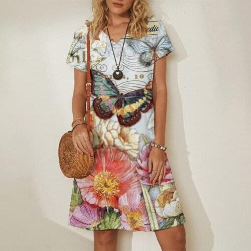 2021 Summer Dress Women Butterfly Print Short Sleeve Casual Dress Elegant Pullover A-Line Dress Boho
