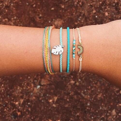 5 PCS Fashion Personality Hand Woven Leaf Rainbow Beads Bracelets for Women Jewelry Gifts