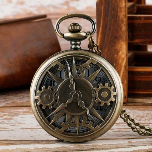 Retro Bronze Hollow Gear Movement Quartz Pocket Watch Pendant Chain Gift Bronze Antique Necklace Clocks for Men Women reloj 2020