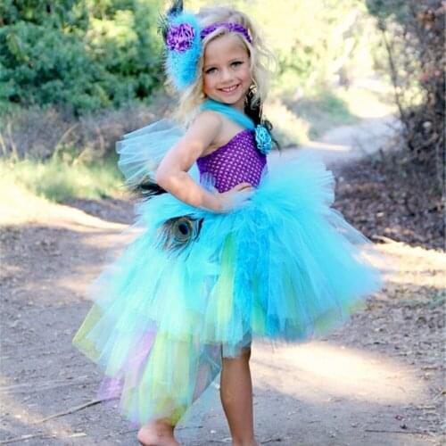 Girls Peacock Feather Trailing Tutu Dress Kids Crochet Tulle Dress with Hairbow Children Birthday Party Costume Cosplay Dresses