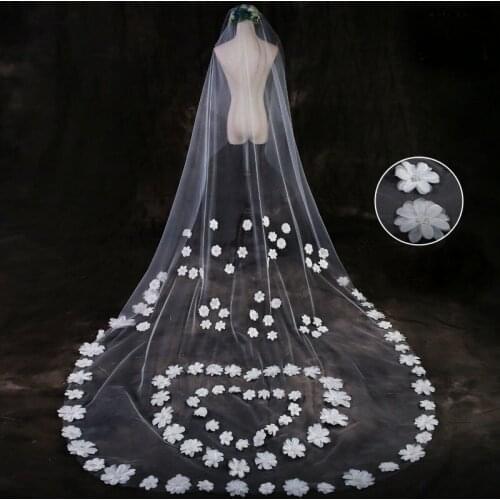 Cathedral Length Wedding Veil 2019 Romantic 3D Floral Appliques Beads One Layer Bridal Accessories Custom Made