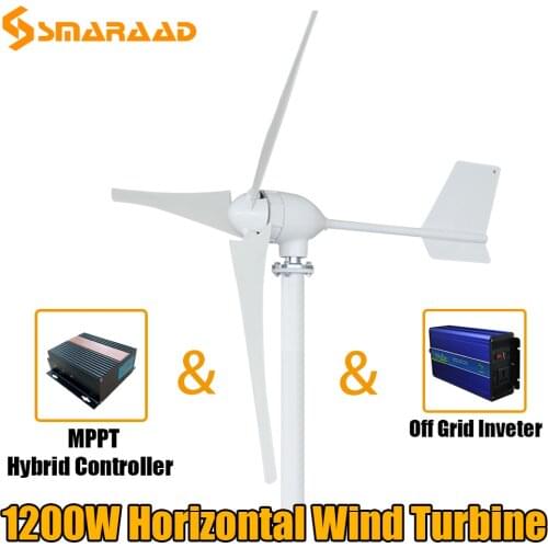 1200W Horizontal Wind Turbine Generator 12V 24V 48V 3 Blades Windmill With Free MPPT Charger Controller and Off Grid Inverter
