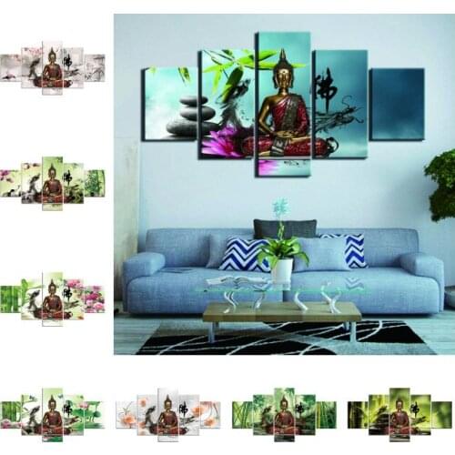 Zen Buddha Statue Canvas Paintings Wall Art 5 Pieces Buddhist Artworks Modern HD Printed Landscape Background Pictures